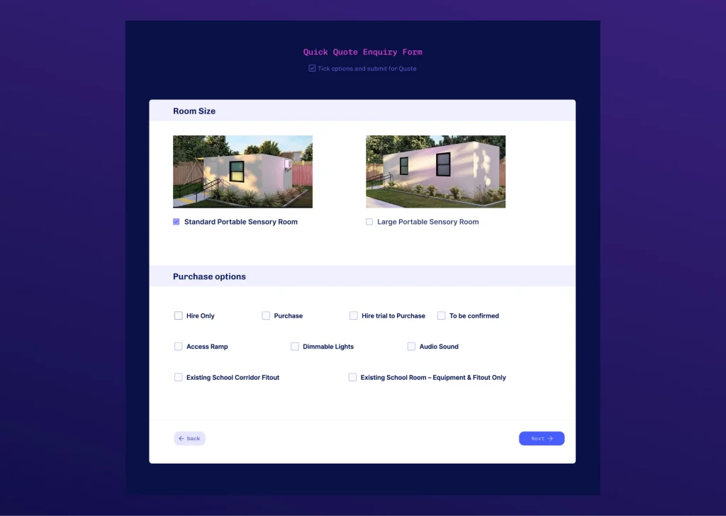 Quick Quote Enquiry Form for portable sensory rooms with options for room size, purchase type, and web design services.