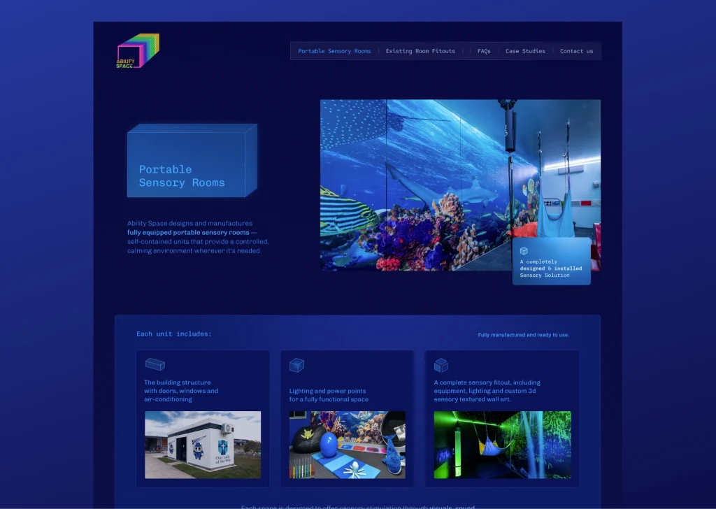 Ability Space portable sensory rooms website showcasing design, lighting, and sensory solutions for calming environments.