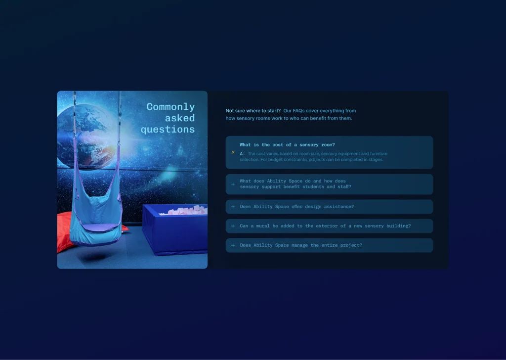 FAQ section showcasing sensory room services with expandable questions about costs, benefits, design assistance, and project management.