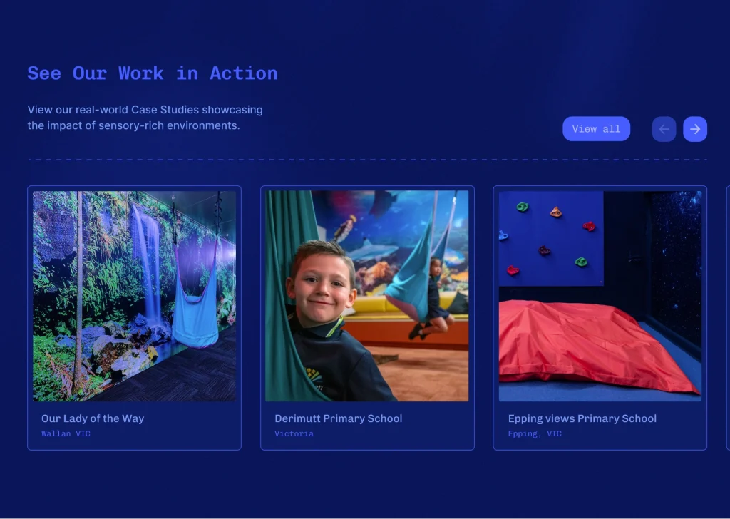 Web design showcasing case studies: waterfall installation, school activity, and sensory environment display with navigation controls.